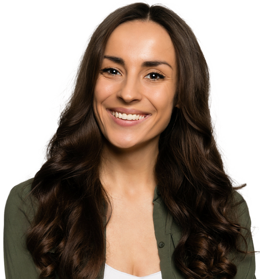 A woman with long, wavy hair smiles warmly at the camera, set against a bright, cheerful background.