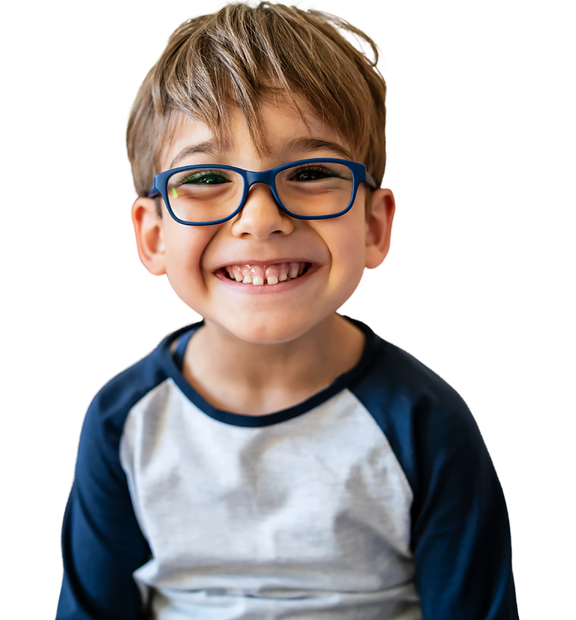 A cheerful young boy with glasses smiles broadly, radiating happiness in a colorful and inviting environment.